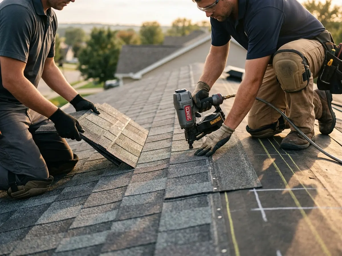 Professional roofer working on a residential roof in Lakehills